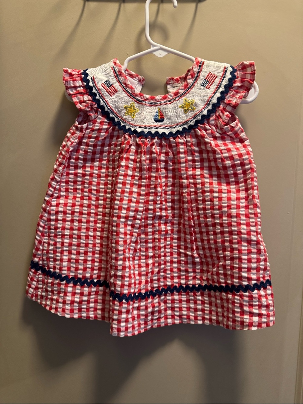 Bonnie Baby Red and White Gingham Smocked Dress with Navy Accents